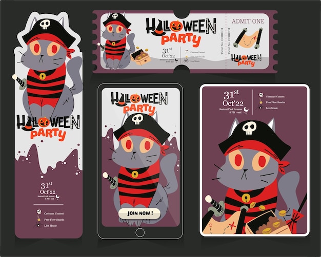 Zestaw Zaproszenia I Biletu Na Baner Halloweenowy Z Piracką Duchową Ilustracją Słodkiego Kota