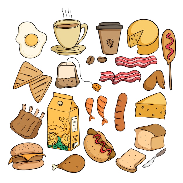 Zestaw Zdrowej żywności Na Obiad Z Kolorowym Doodle Lub Ręcznie Rysowane Stylu