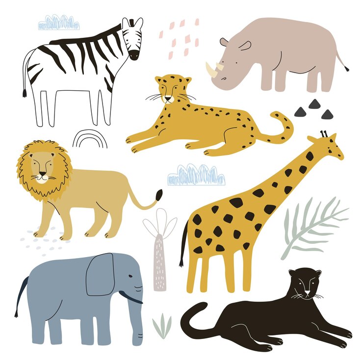 Zestaw ze zwierzętami lampart żyrafa lew zebra i nosorożec na białym tle Vector