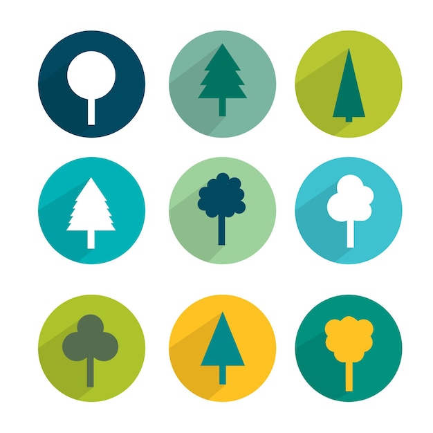 Zestaw Zielonych Drzew Nowoczesne Koło Znak Cieni Ikony