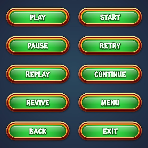 Zestaw Zielonych Przycisków Do Gier Mobilnych Z Edytowalnym Efektem Tekstowym Do Tworzenia Gier 2d