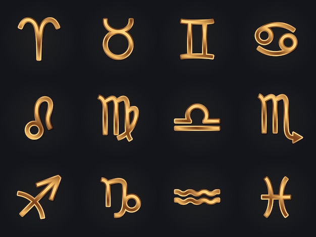 Zestaw złote znaki zodiaku wektorowe ikony. Elementy horoskopu. Symbole astrologiczne.