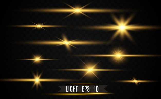 Zestaw złotych jasnych pięknych gwiazd. Efekt świetlny Bright Star.