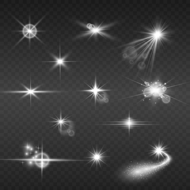 Zestaw złotych jasnych pięknych gwiazd. Efekt świetlny Bright Star.