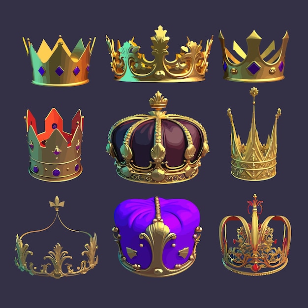 Zestaw złotych koron dla króla lub królowej kolorowy koronujący nakrycie głowy dla monarchy izolowany na tle Ilustracja wektora kreskówek
