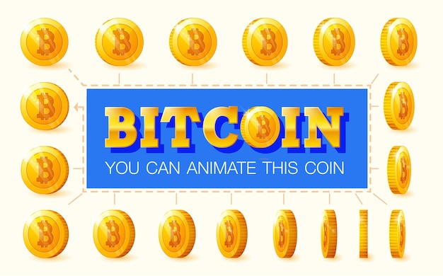 Zestaw Złotych Monet Ze Znakiem Bitcoin Do Animacji. Ilustracja Wektorowa