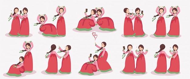 Zestaw Znaków Koreańskiej Dziewczyny. Kobieca Sukienka W Hanbok. Emocje I Gesty.