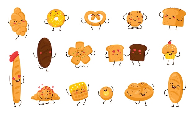 Plik wektorowy zestaw znaków kreskówka chleb ciasto piekarnia rogalik muffin pączek precel i bagietki maskotki