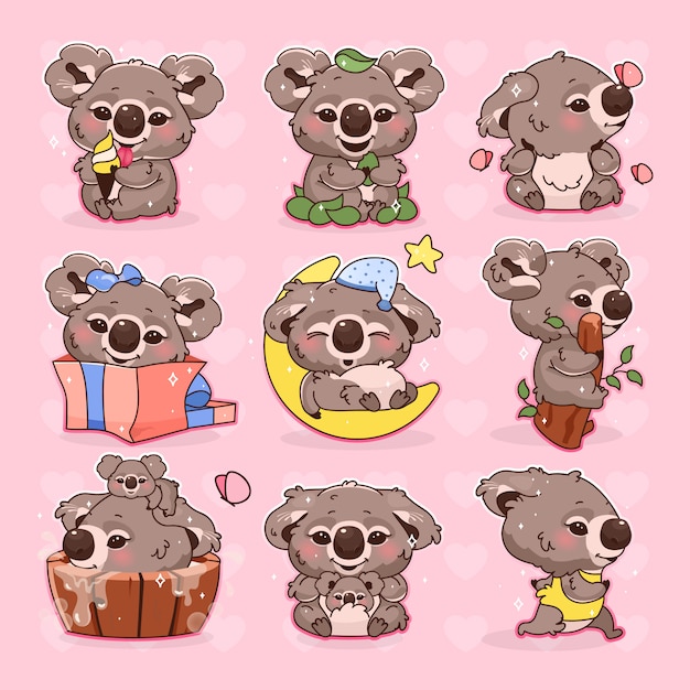 Zestaw Znaków Wektor Kawaii Słodkie Kreskówka Koala