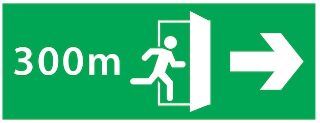 zestaw znaków wyjścia awaryjnego. biegnąca ikona człowieka do drzwi, kolor zielony, liczba metrów do wyjścia