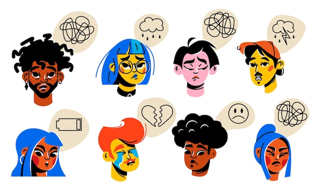 Zestaw Znaków Z Emocjami Ludzie Są Smutni, Zmartwieni Psychoterapia Refleksja Wypalenia Emot