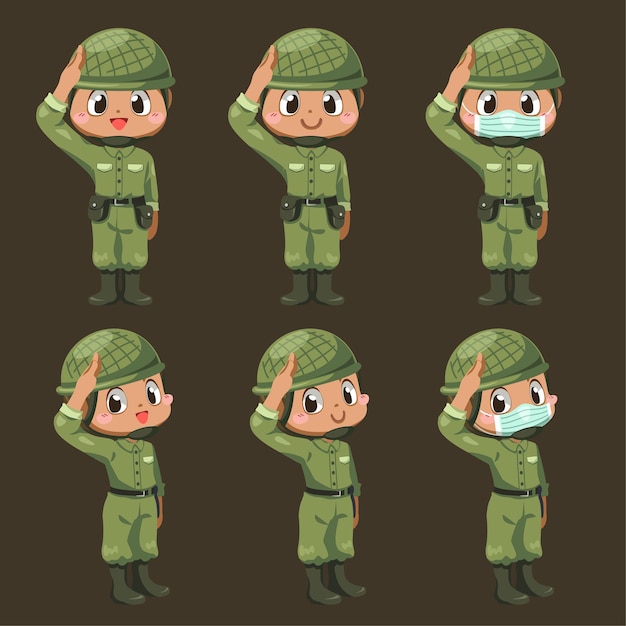 Zestaw żołnierzy armii w zielonym mundurze z różnicą działania i stanąć na salut w postaci z kreskówki, izolowana płaska ilustracja