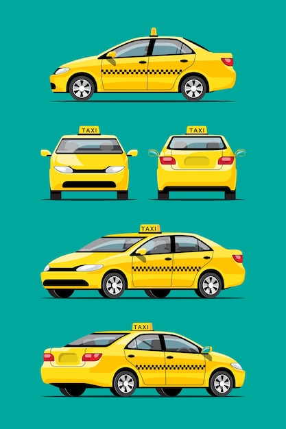 Zestaw żółty Samochód Taxi, Dostawa Usług Transportowych, Biznesowy Sedan Na Białym Tle. Znakowanie Pojazdu. Widok Z Boku, Z Przodu Iz Tyłu Na Zielonym Tle, Ilustracja