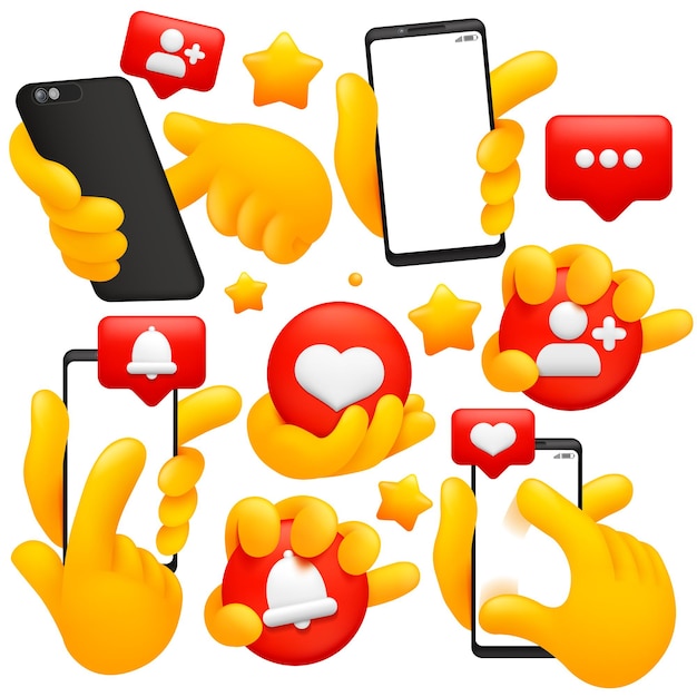 Zestaw żółtych dłoni emoji. Smartfon, media społecznościowe, znaki przesuwania.