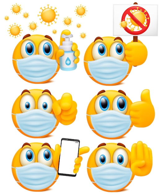 Plik wektorowy zestaw żółtych okrągłych znaków emoji z maskami medycznymi. kreskówka kolekcja stylu 3d.