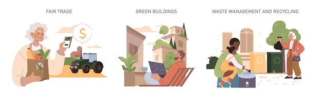 Zestaw Zrównoważonego Rozwoju Etyczne Zakupy W Ramach Sprawiedliwego Handlu Efektywność Energetyczna W Zielonych Budynkach Proaktywna