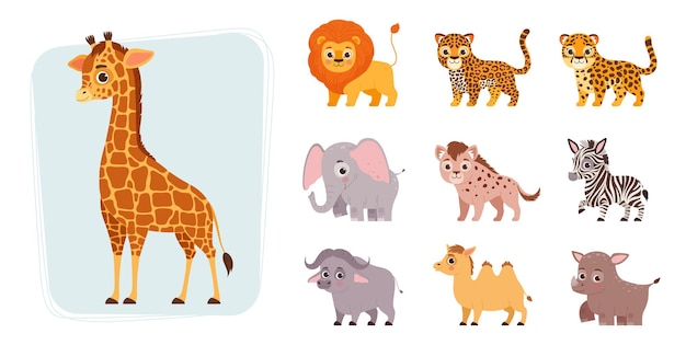 Plik wektorowy zestaw zwierząt afrykańskich w stylu kreskówka żyrafa lew lampart gepard słoń