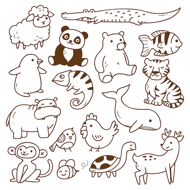 Zestaw zwierząt doodle na białym tle