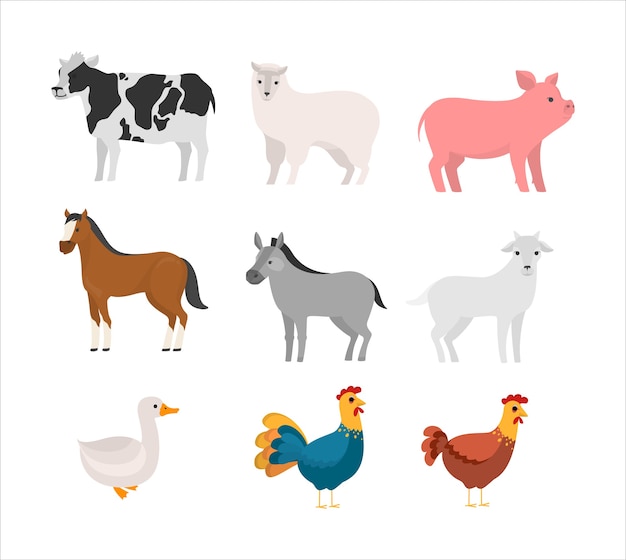 Zestaw zwierząt gospodarskich. Kolekcja cute zwierząt domowych. Krowa i koń, świnia i gęś. ilustracja