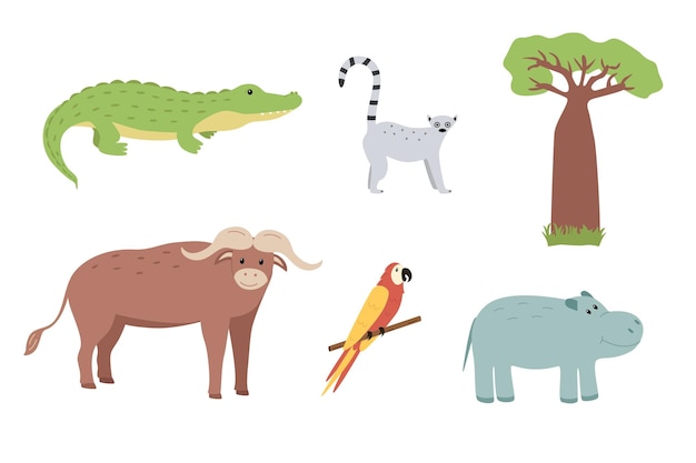 Zestaw Zwierząt Kreskówek Afryki Ilustracji Wektorowych Uroczych Zabawnych Zwierząt