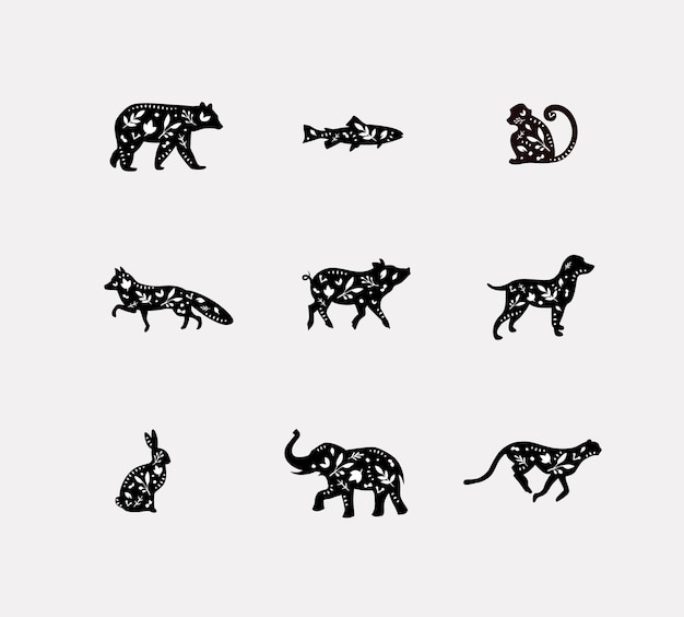 Plik wektorowy zestaw zwierząt kwieciste sylwetki graficzne niedźwiedź ryba małpa lis świnia pies królik słoń