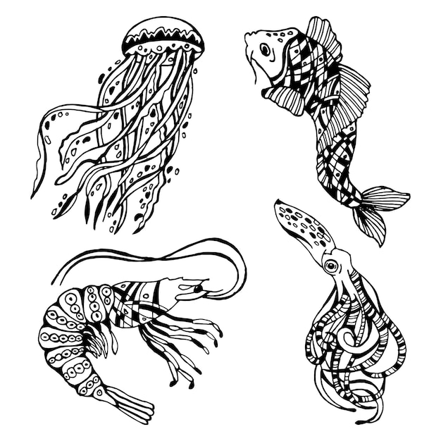 Zestaw Zwierząt Morskich Ręcznie Rysowane Z Ornamentem, Czarną Obwódką. Ryby, Meduzy, Ośmiornice I Krewetki