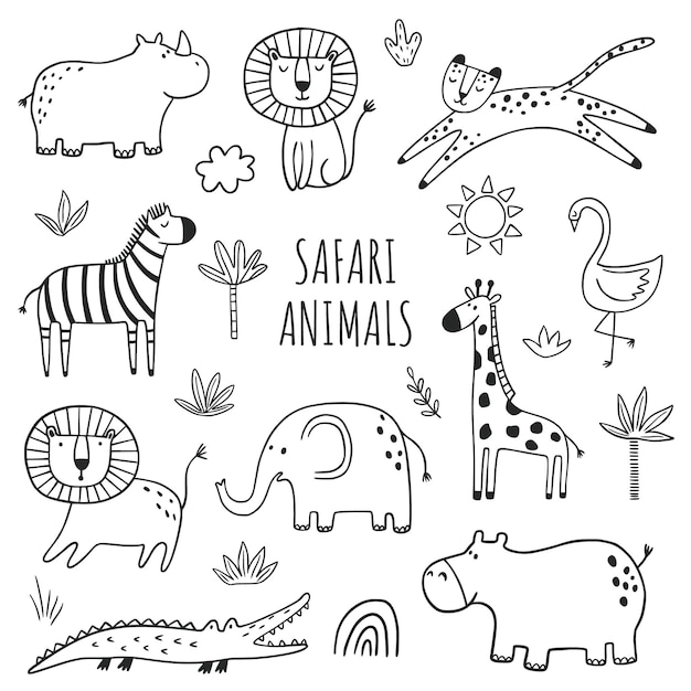 Zestaw zwierząt safari Ręcznie narysowany zarys zwierząt dżungli safari zebra lew słoń krokodyl