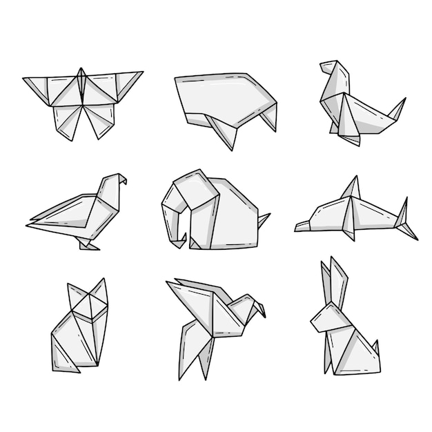 Zestaw Zwierzęcych Origami W Prostym Stylu Doodle Ilustracja Wektorowa Na Białym Tle