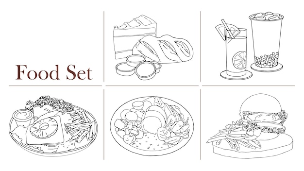 Plik wektorowy zestaw żywności, ręcznie rysowana linia artystyczna do kolorowania