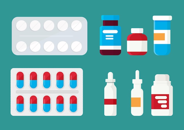 Zestawy farmaceutyczne Leki produkty medyczne Ilustracja wektorowa w stylu kreskówki płaskiej