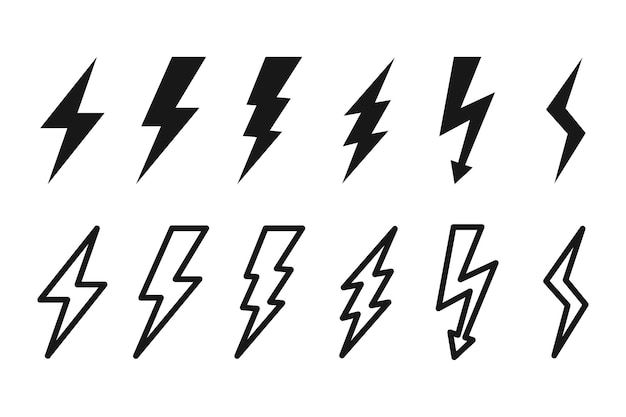 Zestawy ikony mocy błyskawicy i znak i symbol elektryczny