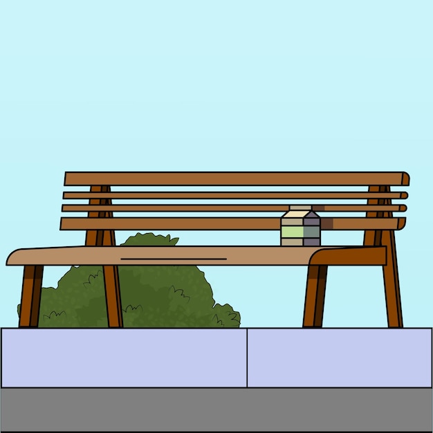 Plik wektorowy zewnętrzna ławka obok zielonego krzaku i torby z jedzeniem