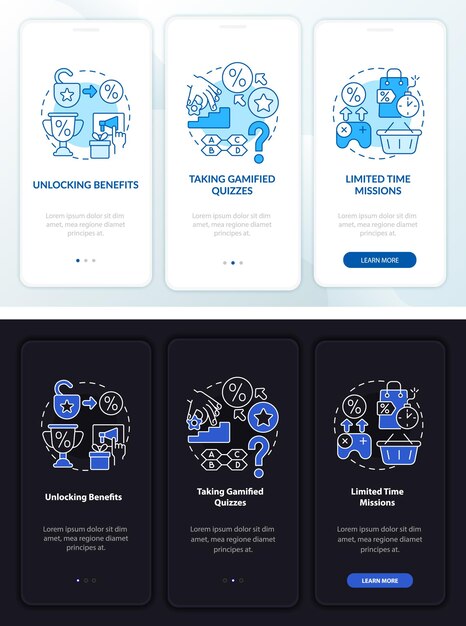 Zgrywalizowane Programy Lojalnościowe W Dzień I W Nocy Ekran Strony Onboardingowej Aplikacji Mobilnej. Przejście 3 Kroki Graficzne Instrukcje Z Koncepcjami. Szablon Wektorowy Ui, Ux, Gui Z Liniowymi Ilustracjami W Trybie Nocnym I Dziennym