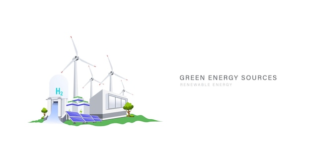Zielona Elektrownia Z Koncepcją Tła Słonecznego Hydro Wodoru I źródła Wiatru Czysta Energia Elektryczna I Odnawialne źródło Dla Przyszłej Ilustracji Wektorowych Zrównoważonego świata