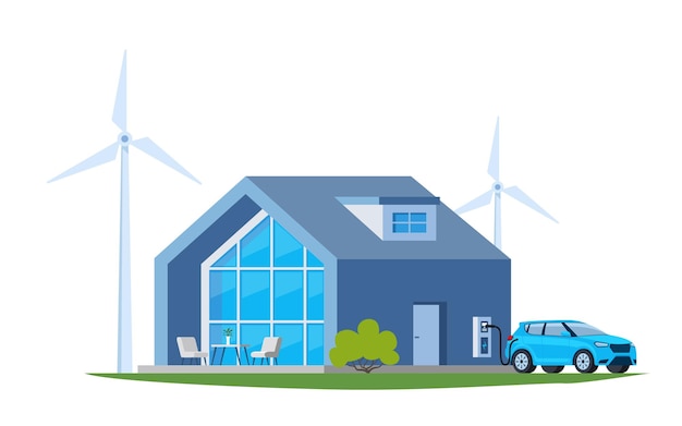 Plik wektorowy zielona energia i przyjazny dla środowiska nowoczesny dom energia słoneczna wiatrowa elektroparkowanie samochodów ładowanie