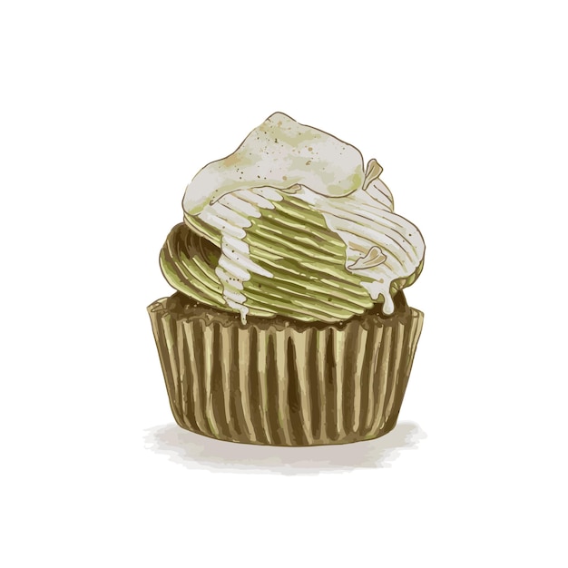 Zielona Herbata Z Białą Czekoladą Syrop Cupcake Ręcznie Rysowane Akwarela Ilustracja