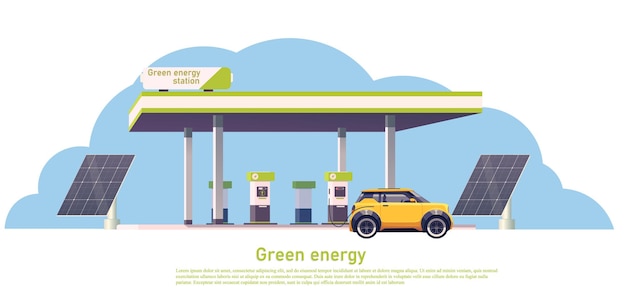 Zielona stacja energetyczna z ilustracją wektorową samochodu elektrycznego