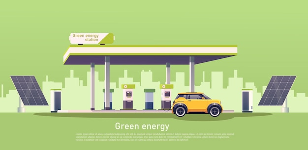 Zielona stacja energetyczna z żółtą ilustracją wektorową samochodu elektrycznego