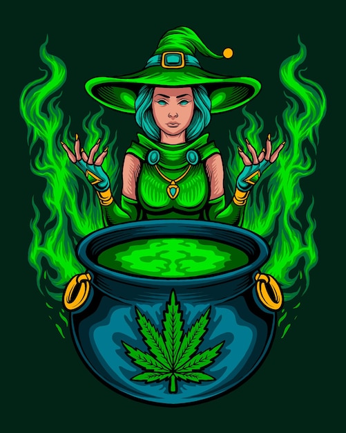 Plik wektorowy zielona wiedźma marihuany z magicznym zaklęciem