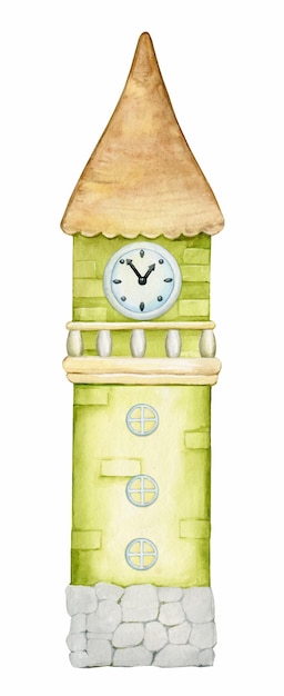 Zielona Wieża Zegarowa Akwarela Ilustracja Na Białym Tle