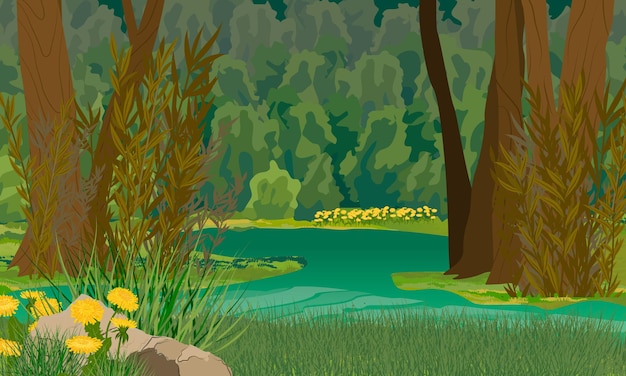 Plik wektorowy zielone bagno w lesie brzeg leśnego jeziora porośniętego trawą z zieloną wodą