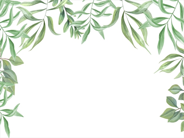 Zielone liście tropikalne Odgałęzienia oleandru Horyzontalna ramka z przestrzenią do kopiowania tekstu Szablon z liściem oliwnym Ilustracja akwarelowa Projekt zieleni dla kart zaproszeń na przyjęcie weselne