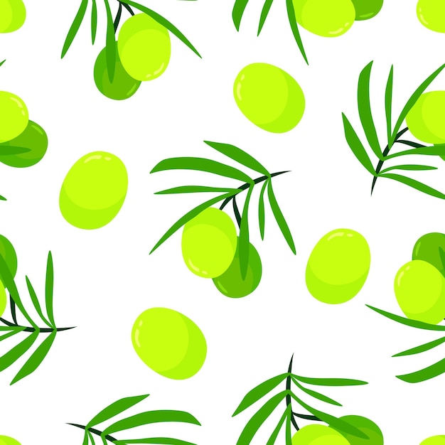 Zielone oliwki oddział kreskówka wzór wektor ilustracja na białym tle kolorowe świeże organiczne zdrowe oliwy z oliwek koncepcja Logo marki element projektu Szablon wydruku tkaniny
