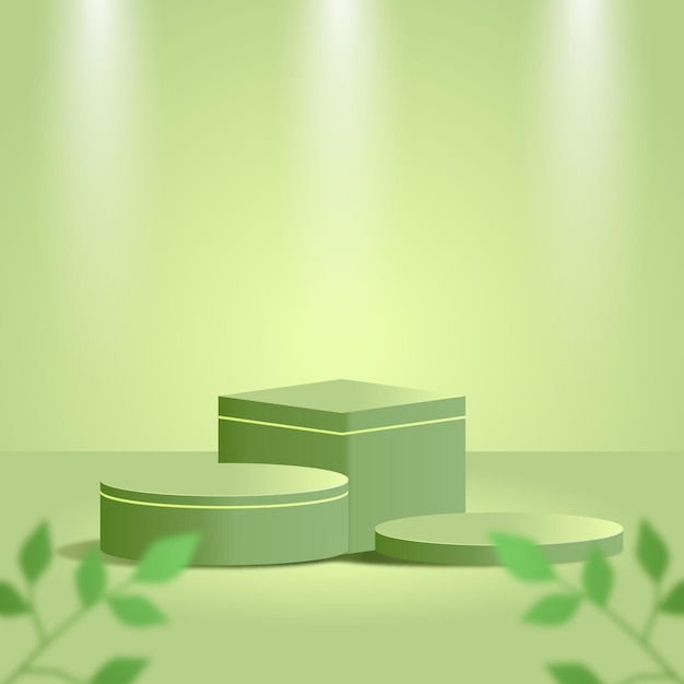 Zielone podium na minimalnym produkcie z zielonymi tropikalnymi liśćmi i zielonym studiem