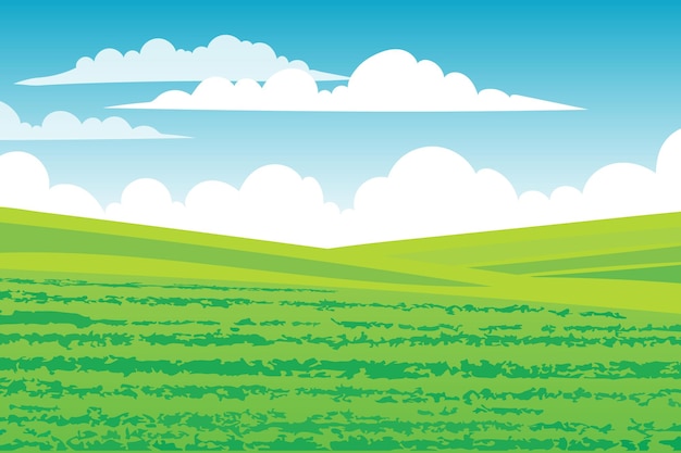 Zielone Pole Z Ilustracją Wektorową Błękitnego Nieba I Chmur