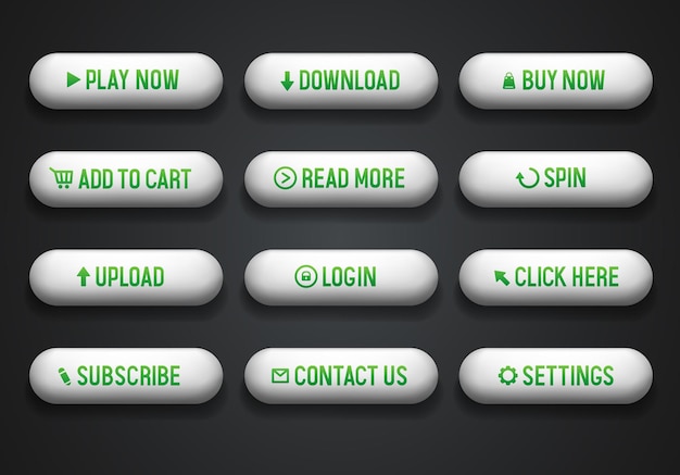 Plik wektorowy zielone przyciski dla strony internetowej zestaw wektorowych przycisków 3d izolowanych na czarnym tle
