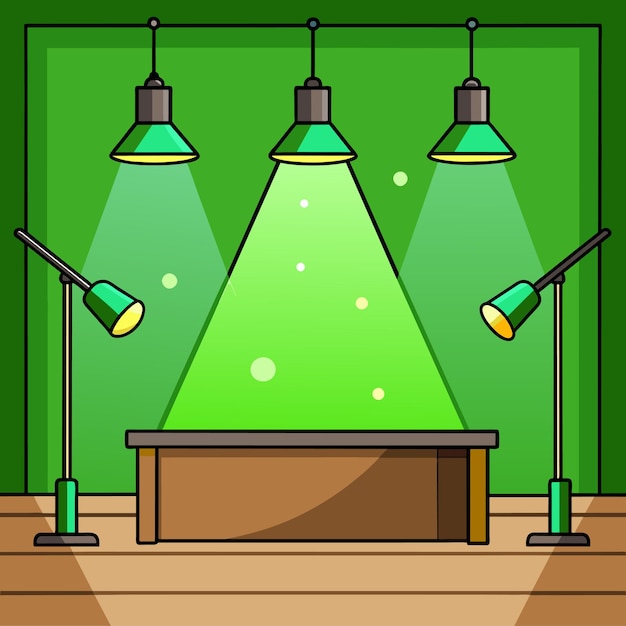 zielone tło studia ścianowego z ilustracją wektorową reflektorów podium