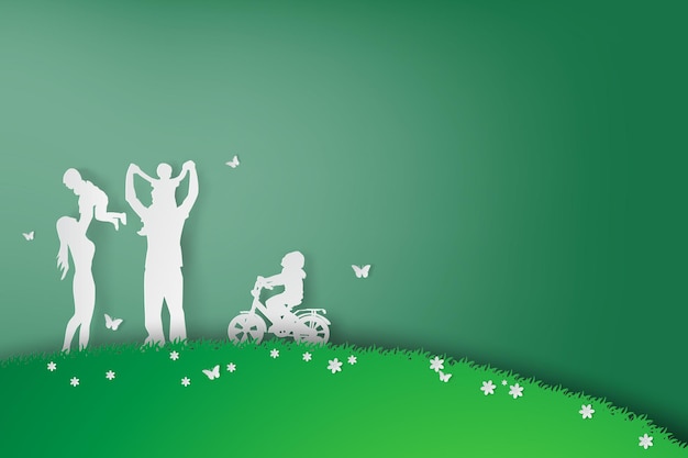 Zielone tło szczęśliwa rodzina bawiąca się w polu, wektor, styl sztuki papieru