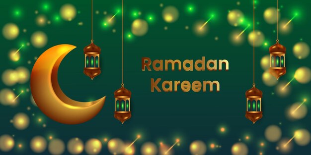Zielone tło z latarnią ramadanu i zielone tło ze światłami.