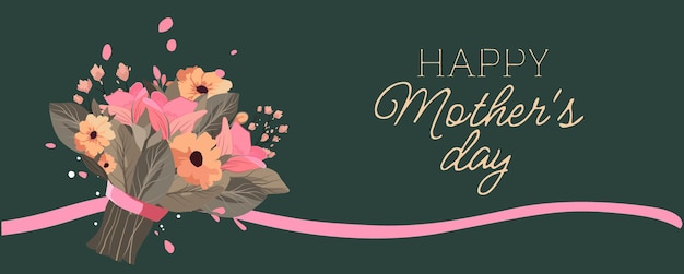 Zielone tło z różową wstążką i kwiatami z napisem Happy Mothers Day.